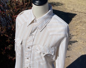 Vintage 70s 80s Wrangler Western Pearl Snap Pink Tan Blue Rockabilly Medium  Large Cowboy Shirt 