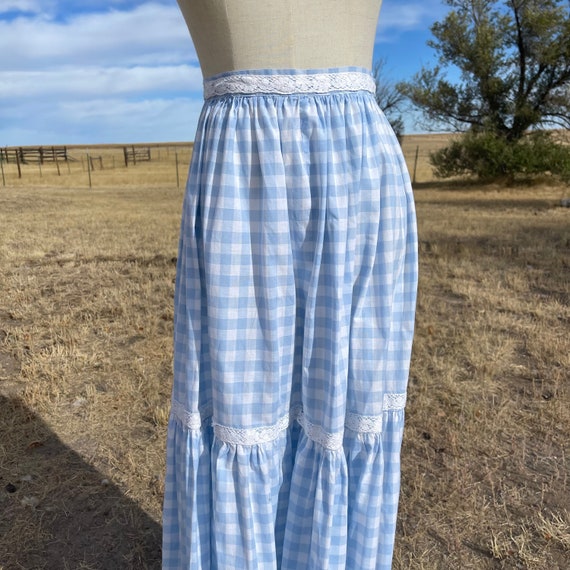 Vintage 70s Handmade Pale Blue Gingham Long Prair… - image 3