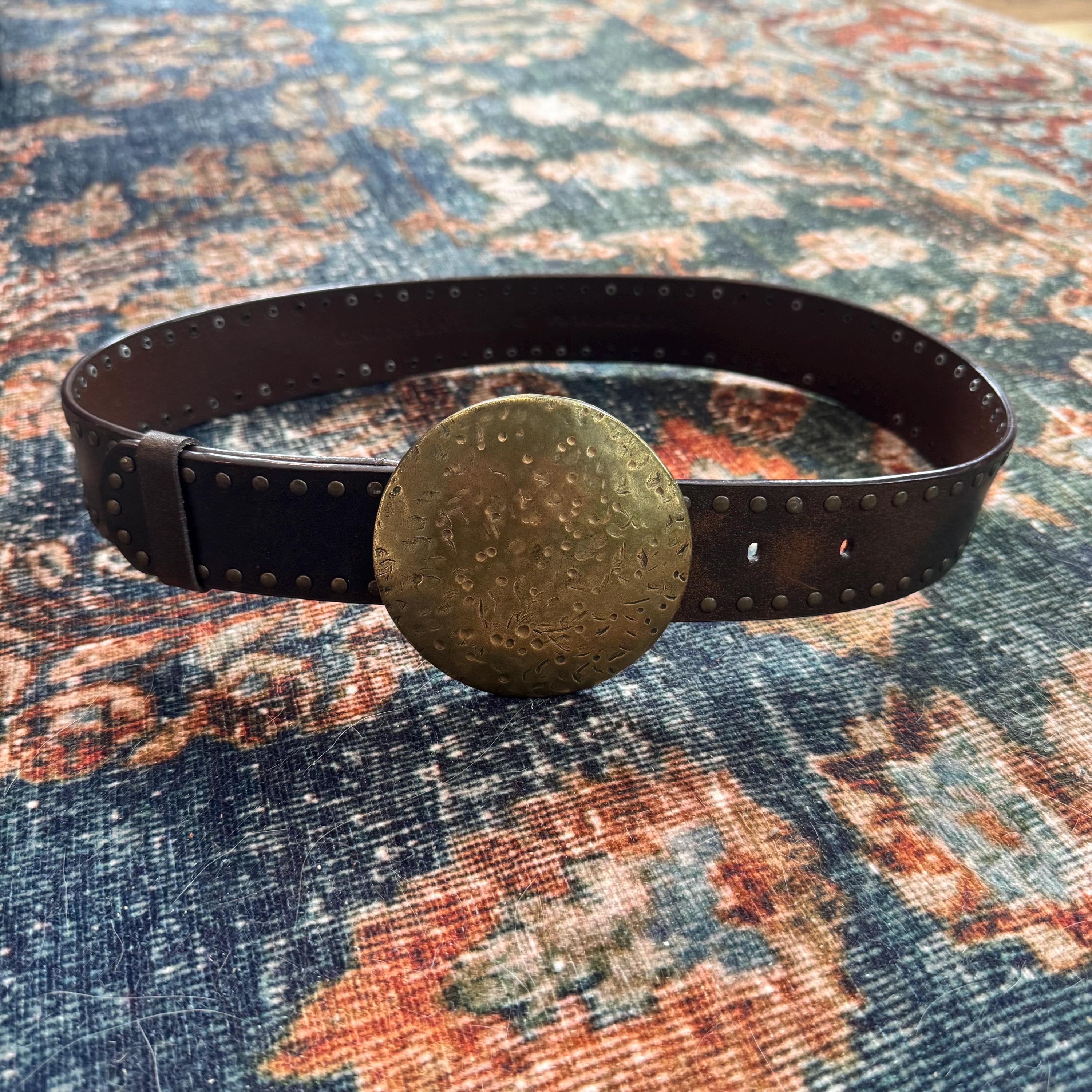 Vintage Brown Wide Leather Belt With Large Hammered Gold  display picture 1