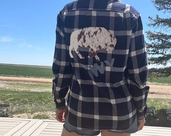 Vintage Upcycled Flannel Shirt with Cowhide Bison and WY patch