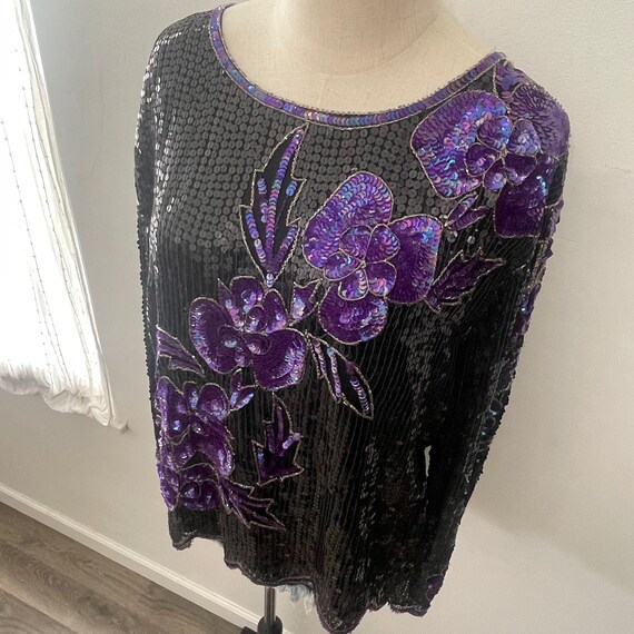 Vintage 70s Swee Lo Sequin Black & Purple Floral … - image 5