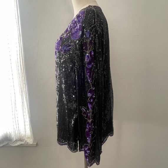 Vintage 70s Swee Lo Sequin Black & Purple Floral … - image 7