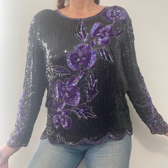 Vintage 70s Swee Lo Sequin Black & Purple Floral … - image 1