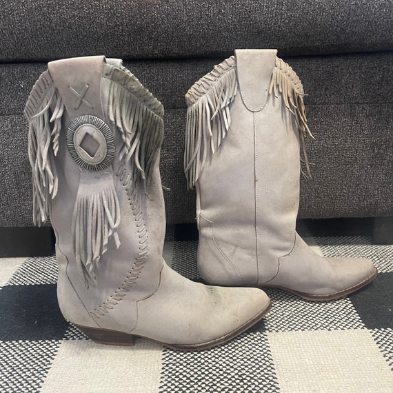 Vintage Light Gray Fringe and Concho Cowgirl Boot… - image 1