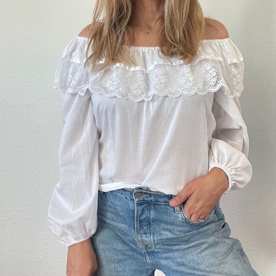 Vintage 70s White Ruffle Lace Off the Shoulder Top - image 1