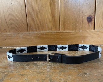 Vintage Black and White Mixed Fabric & Leather Southwestern Belt with Silver Buckle