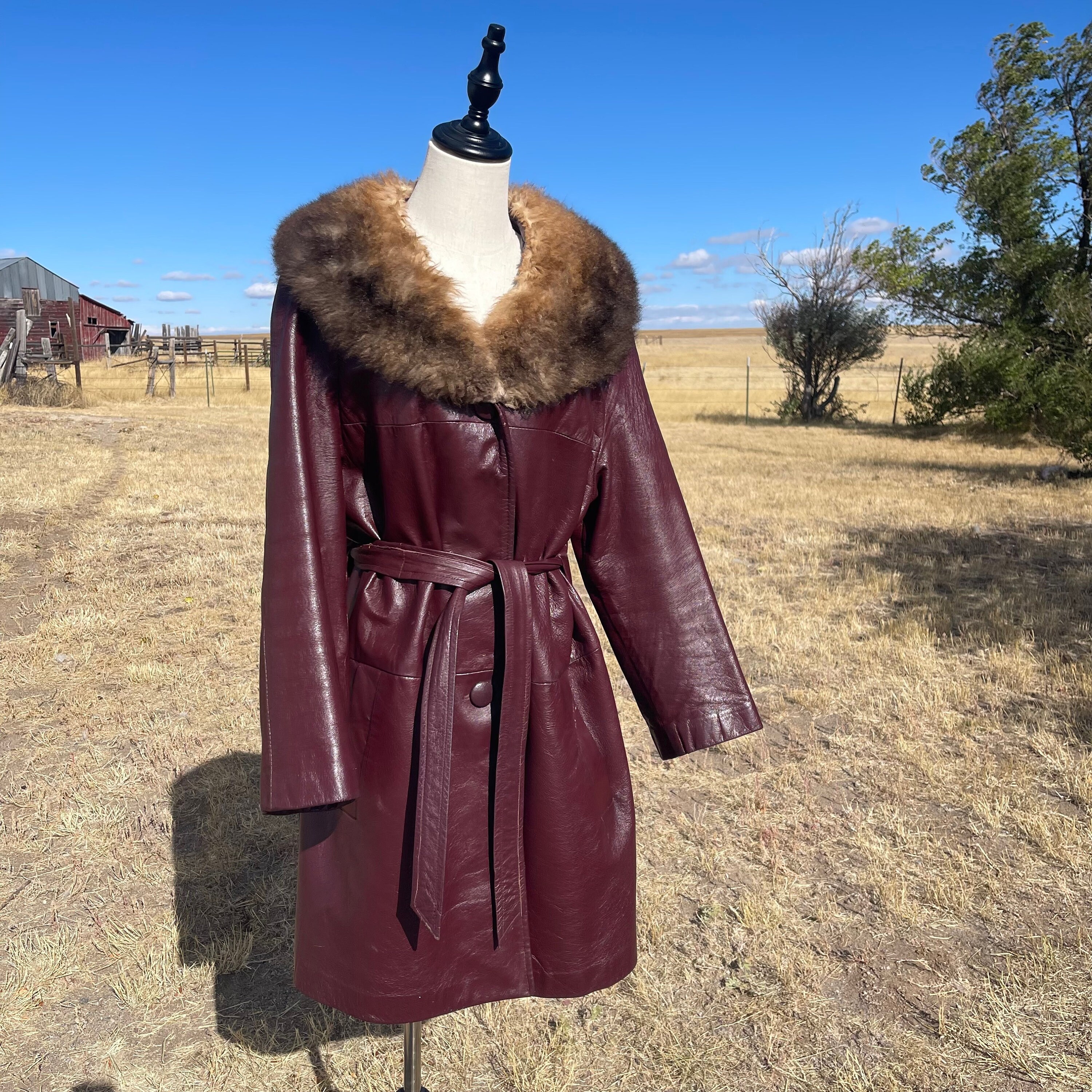 Vintage 70s Oxblood With Fur Trim Leather Belted Penny Lane Vintage 70s Oxblood With Fur Trim Leather Belted Penny Lane