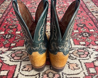 Vintage Tony Lama Western Boots, Camel & Dark Green, Men display picture 1