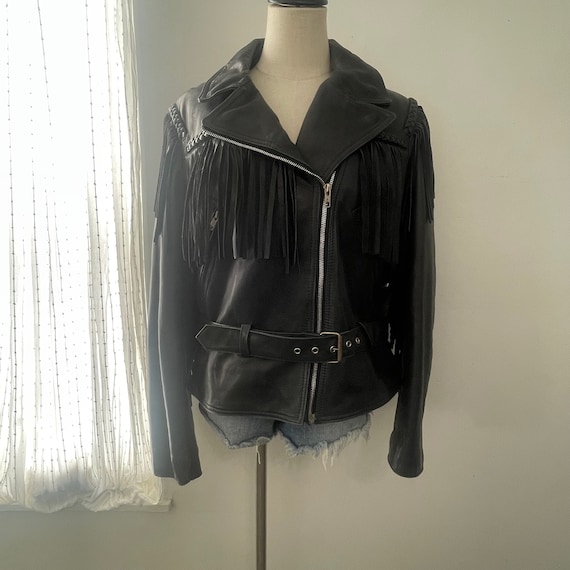 Vintage 80s Black Leather Fringe Belted Biker Jac… - image 6