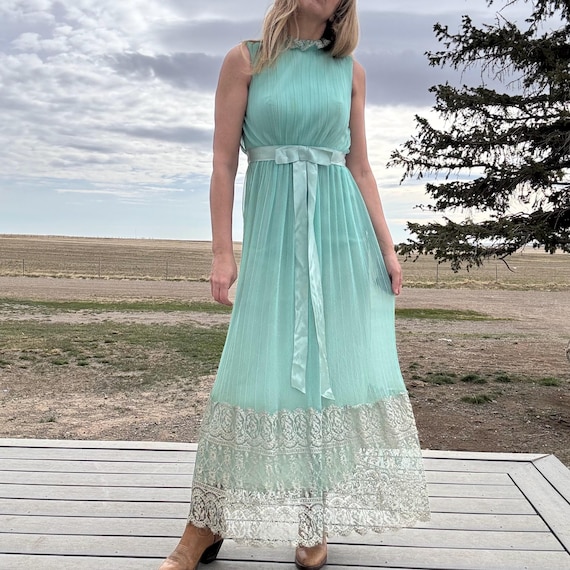 Vintage 60s Seafoam Green Chiffon High Neck Grecian Gown
