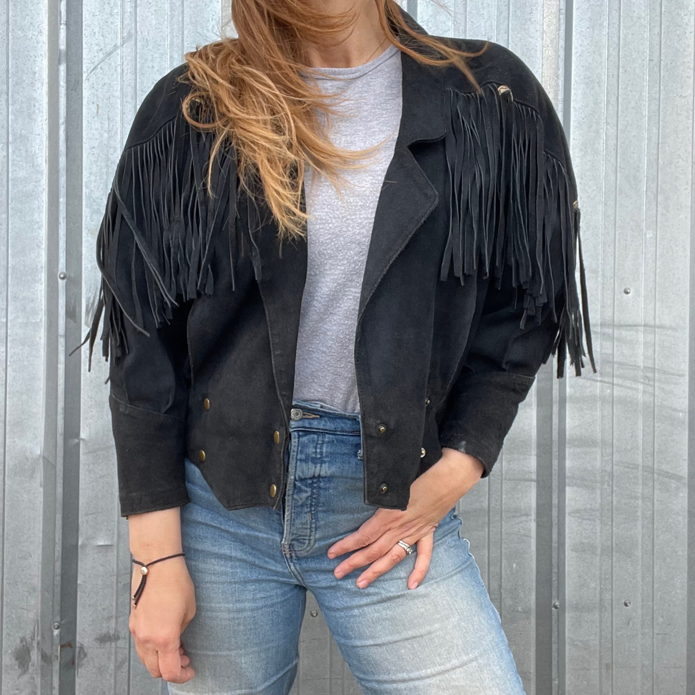Vintage black suede fringe jacket top