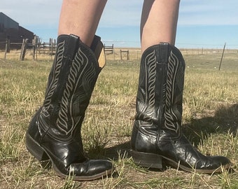 Vintage Tony Lama Czarne z Białym Płomiennym Szyciem Westernowe Buty Męskie 9E