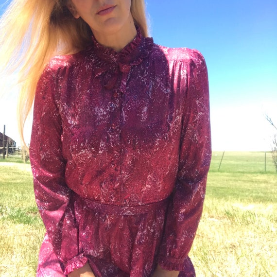 Vintage 60s Burgundy Long Sleeve Abstract Print D… - image 3