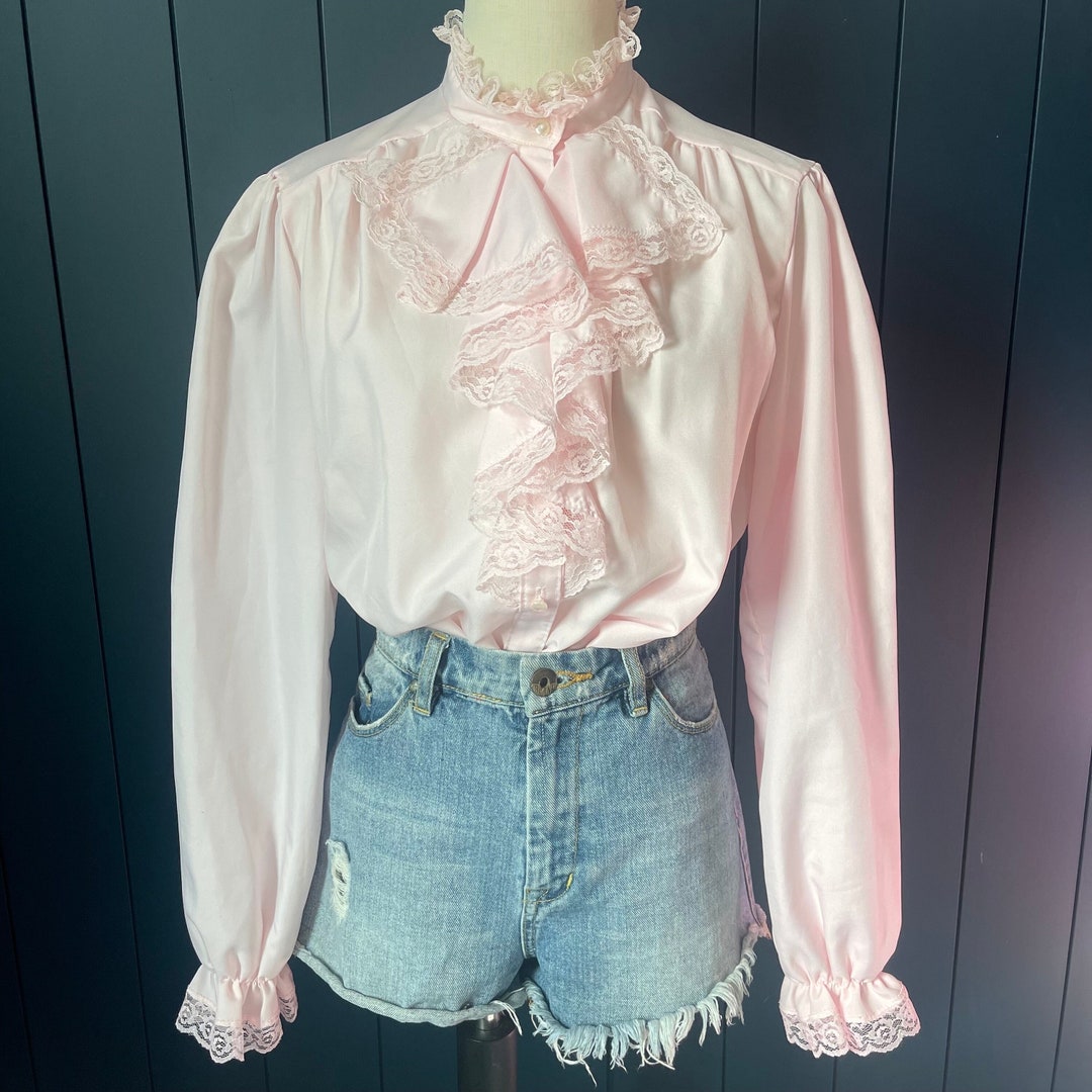 Vintage Women's Elegant Cherry Print Lace Trim Blouse
