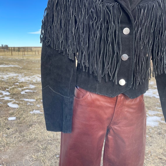 Vintage 70s Pioneer Wear Black Suede Fringe Jacket - image 5