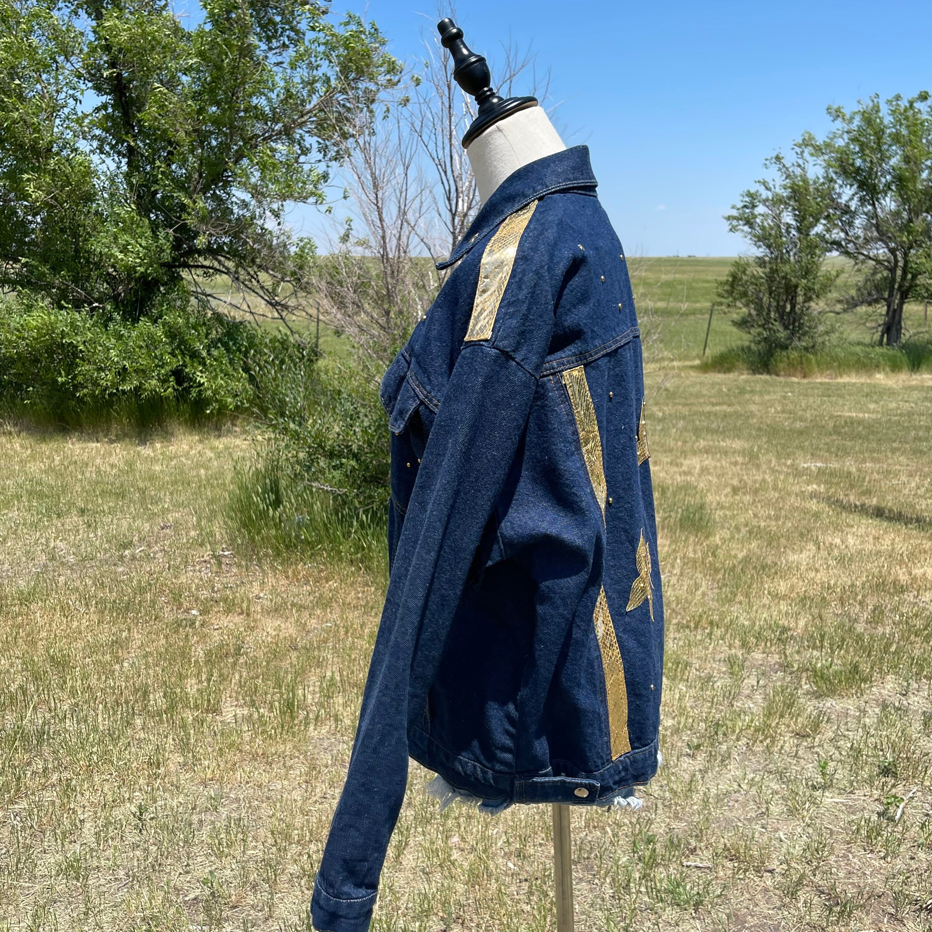 Vintage 90s Dark Blue Jean Jacket With Metallic Gold Butterfly