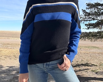 Suéter de esquí Meister vintage de lana negra y azul de los años 70