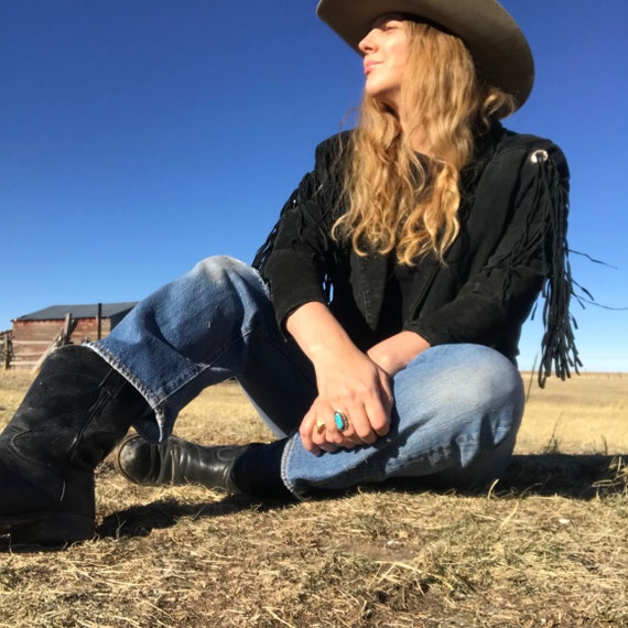 Vintage 80's Black Suede Fringe and Concho Jacket