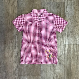 Vintage Little BB Baby Pink Check Manga Curta Western Pearl Snap Blusa Tamanho 24 meses