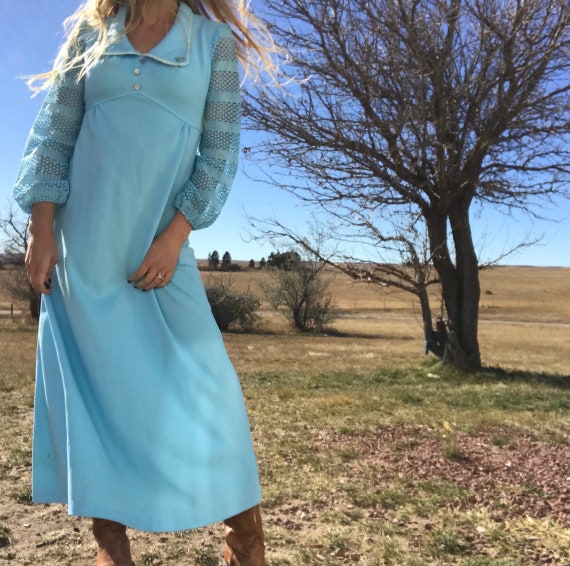 Vintage 60s Powder Blue Long Netted Sleeve Prairie Dress With 