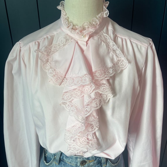 Vintage 70s Pale Pink Lace Trim Ruffled High Neck… - image 2