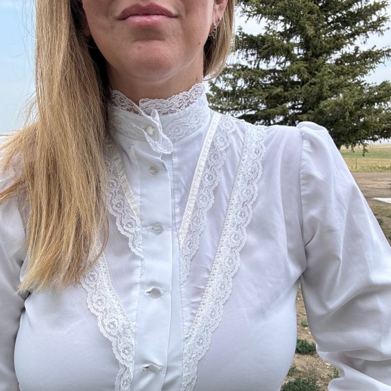 Vintage 80s Cirel Fashion High Neck Prairie Blouse With Lace Vintage 80s Cirel Fashion High Neck Prairie Blouse With Lace