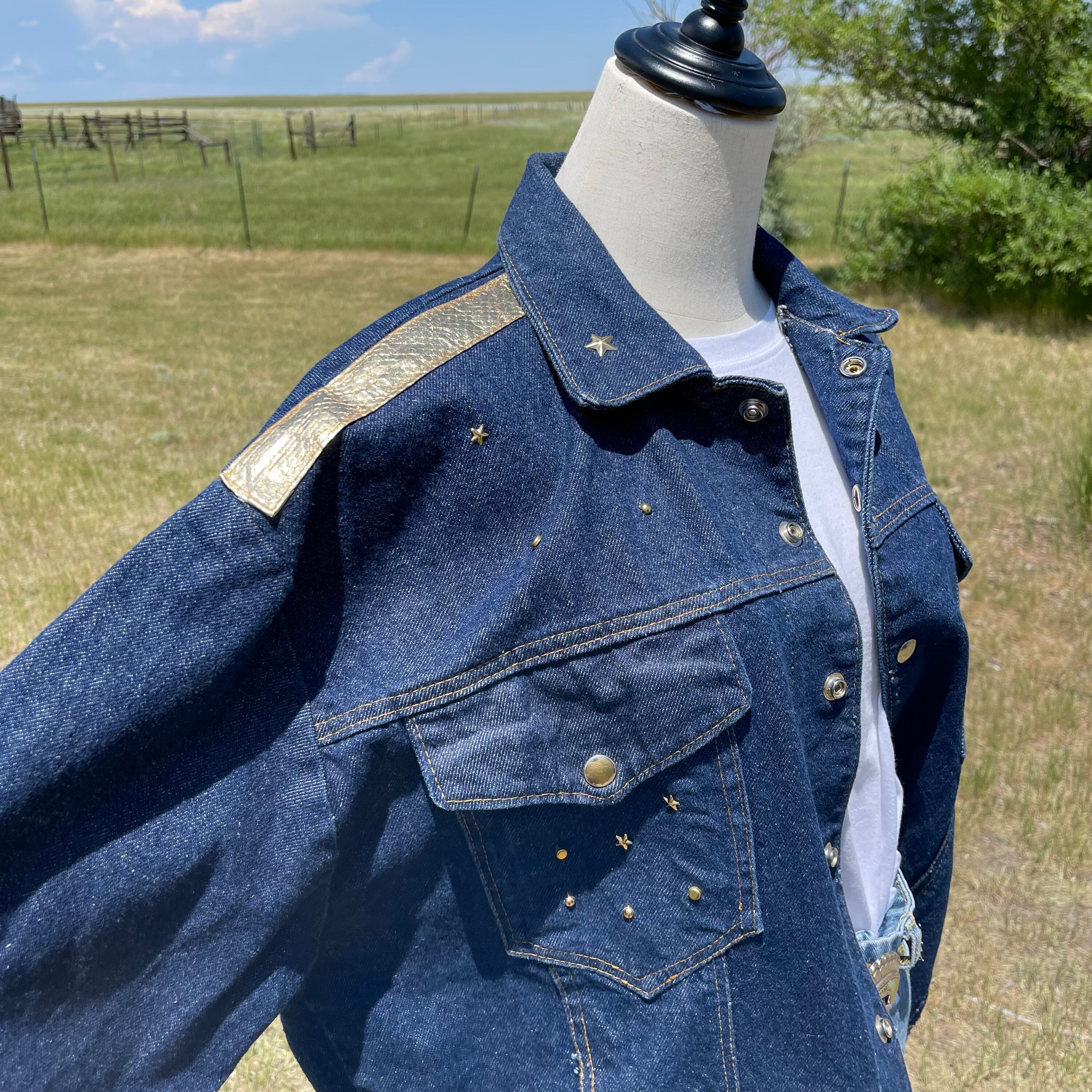 Vintage 90s Dark Blue Jean Jacket With Metallic Gold Butterfly