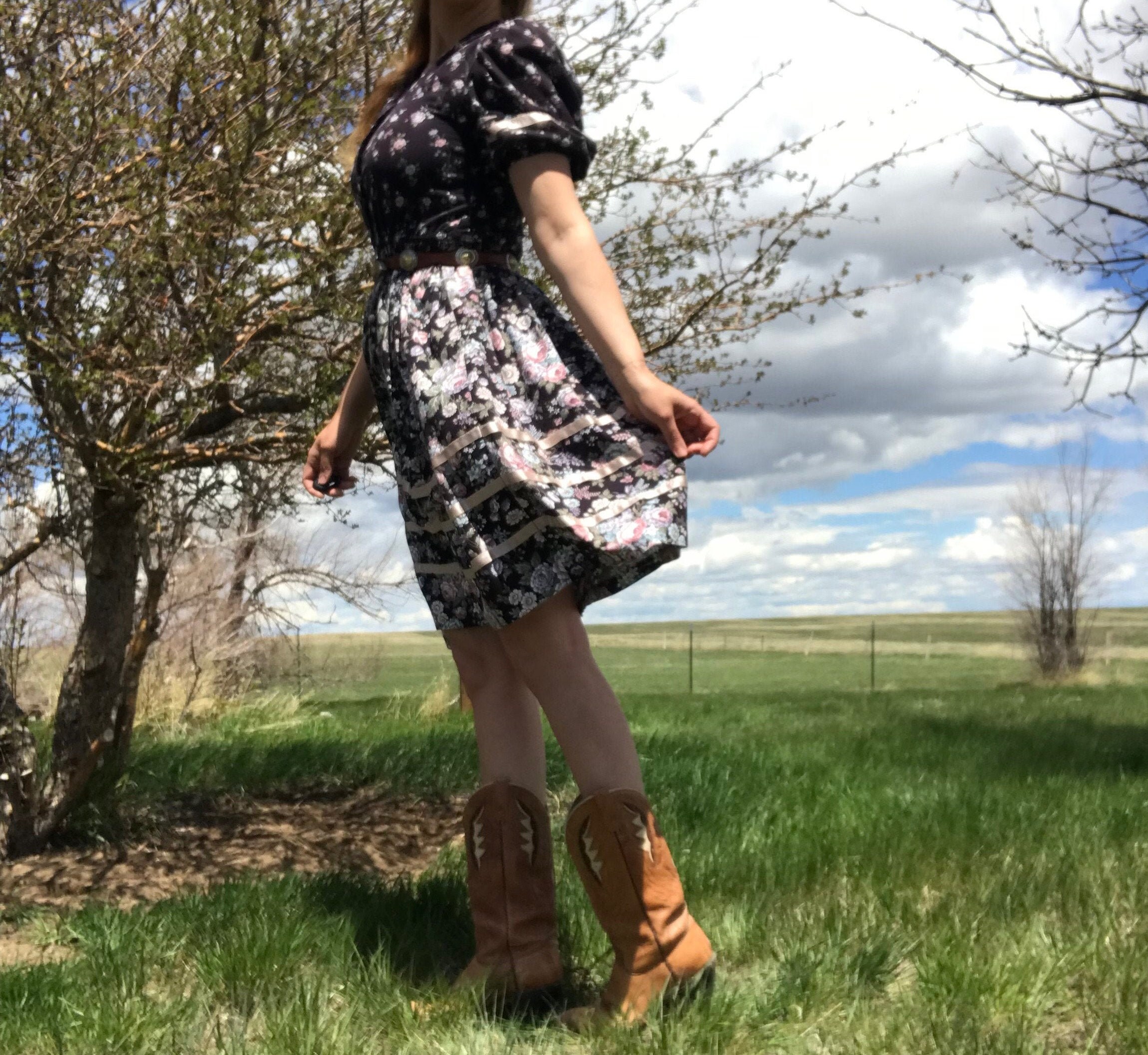 margarita shirt dress jcpenney Vintage 70s JC Penney Fashions Dark Purple Floral Prairie Dress
