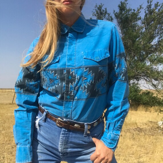 Vintage Teal Blue & Black Tribal Western Shirt