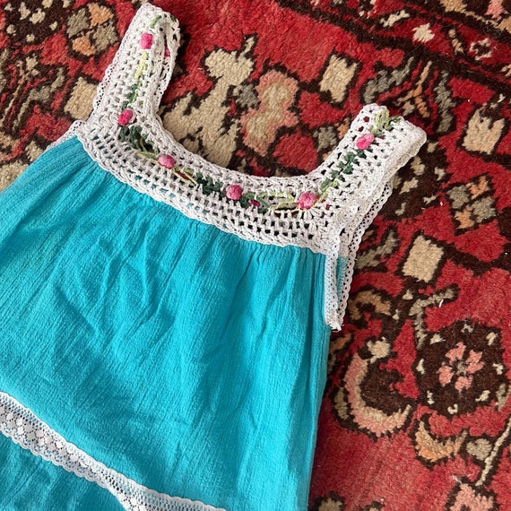 Vintage Little BB Girls Turquoise Dress with Whit… - image 1