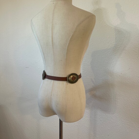 Vintage Western Brown Leather Belt with Brass Con… - image 3