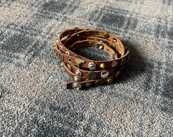 Brown Leather Brass Studded Western Style Skinny Belt - Etsy display picture 1