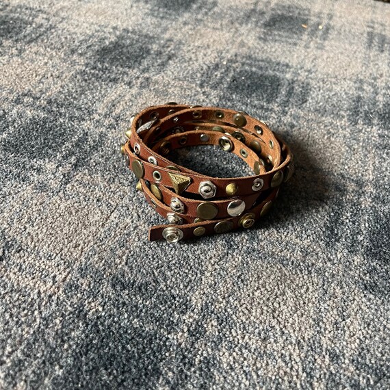 Vintage Thin Brown Leather Belt With Mixed Metal Studs and Snap
