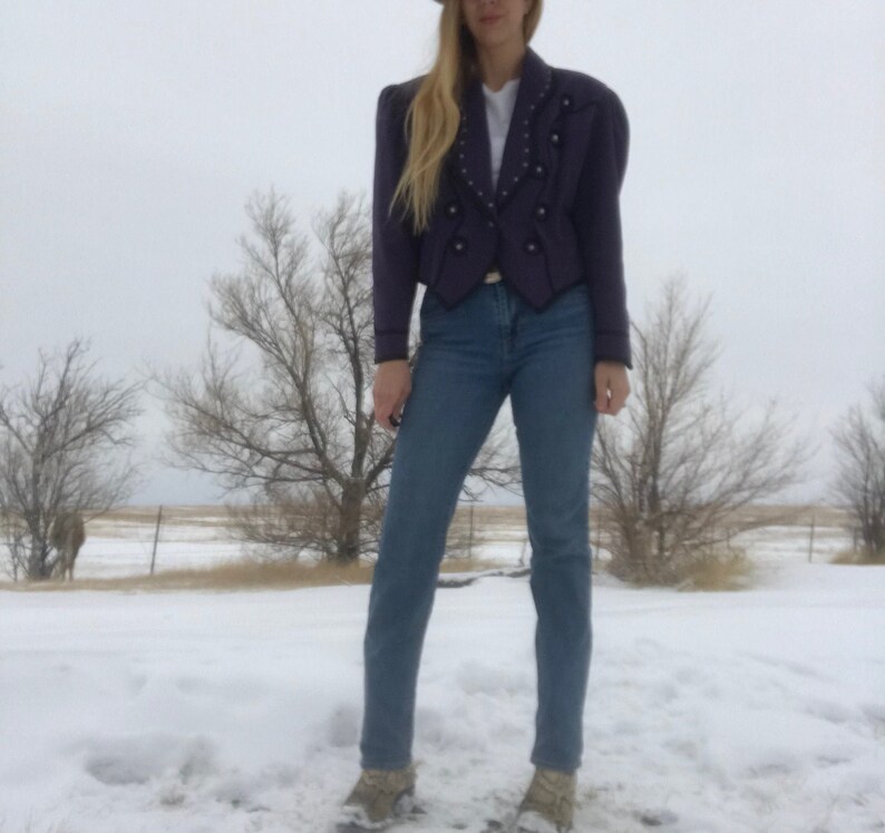 May include: A purple cropped jacket with a pointed collar, silver buttons, and a decorative design on the front. The jacket is worn over a white shirt and blue jeans.