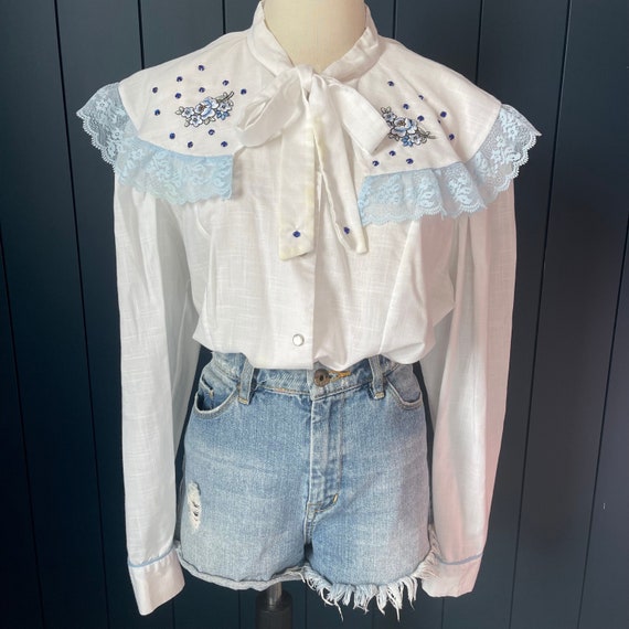 Vintage 70s White Pearl Snap Western Blouse with … - image 1