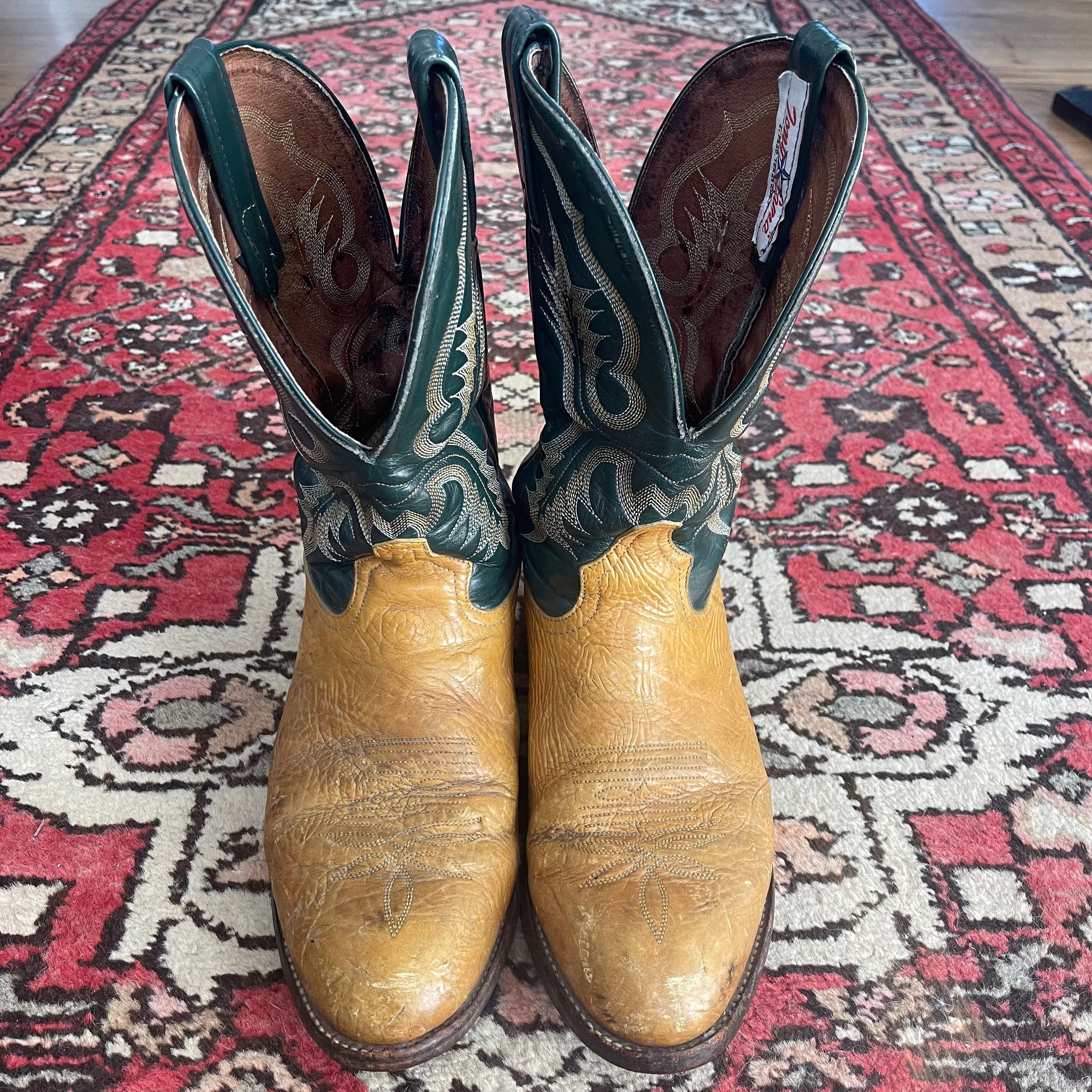 Vintage Tony Lama Western Boots, Camel & Dark Green, Men's 8EE