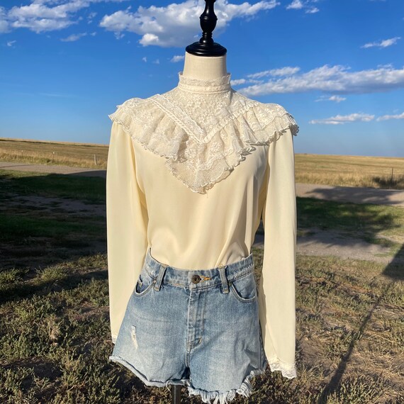 70’s Prairie Ruffled Lace High Neck Blouse