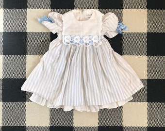 Vintage Little BB Toddler Girls Blue & White Stripe Puff Sleeve Dress 2T