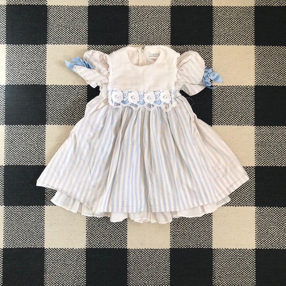 Vintage Little BB Toddler Girls Blue & White Stri… - image 1