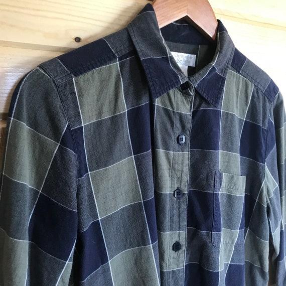 Vintage 90s Olive Green Check 3/4 Sleeve Blouse - image 7