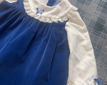 Vintage Little BB Toddler Girls Navy Velvet Contrast Collar & Sleeve Dress Size 4T