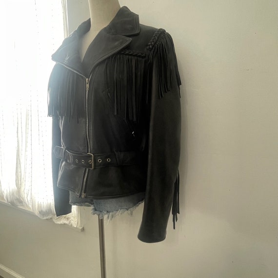 Vintage 80s Black Leather Fringe Belted Biker Jac… - image 7