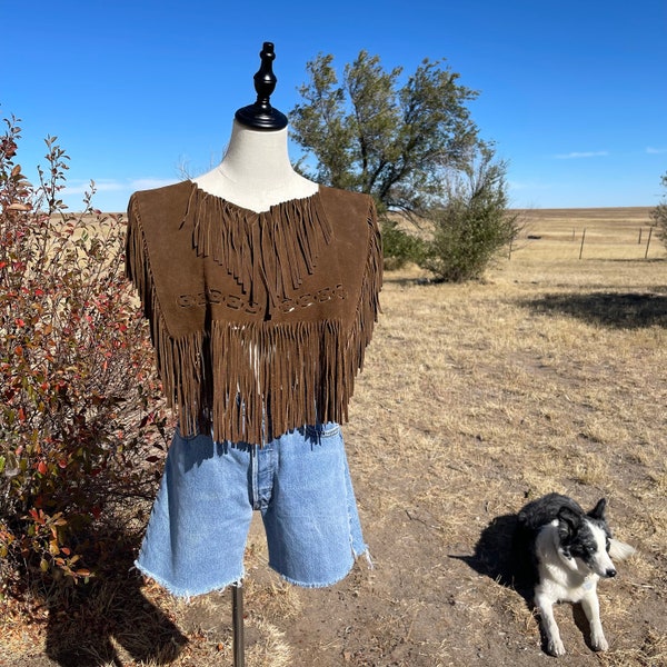 Vintage 70s Pioneer Wear Brown Suede Fringe and Laser Cut Poncho