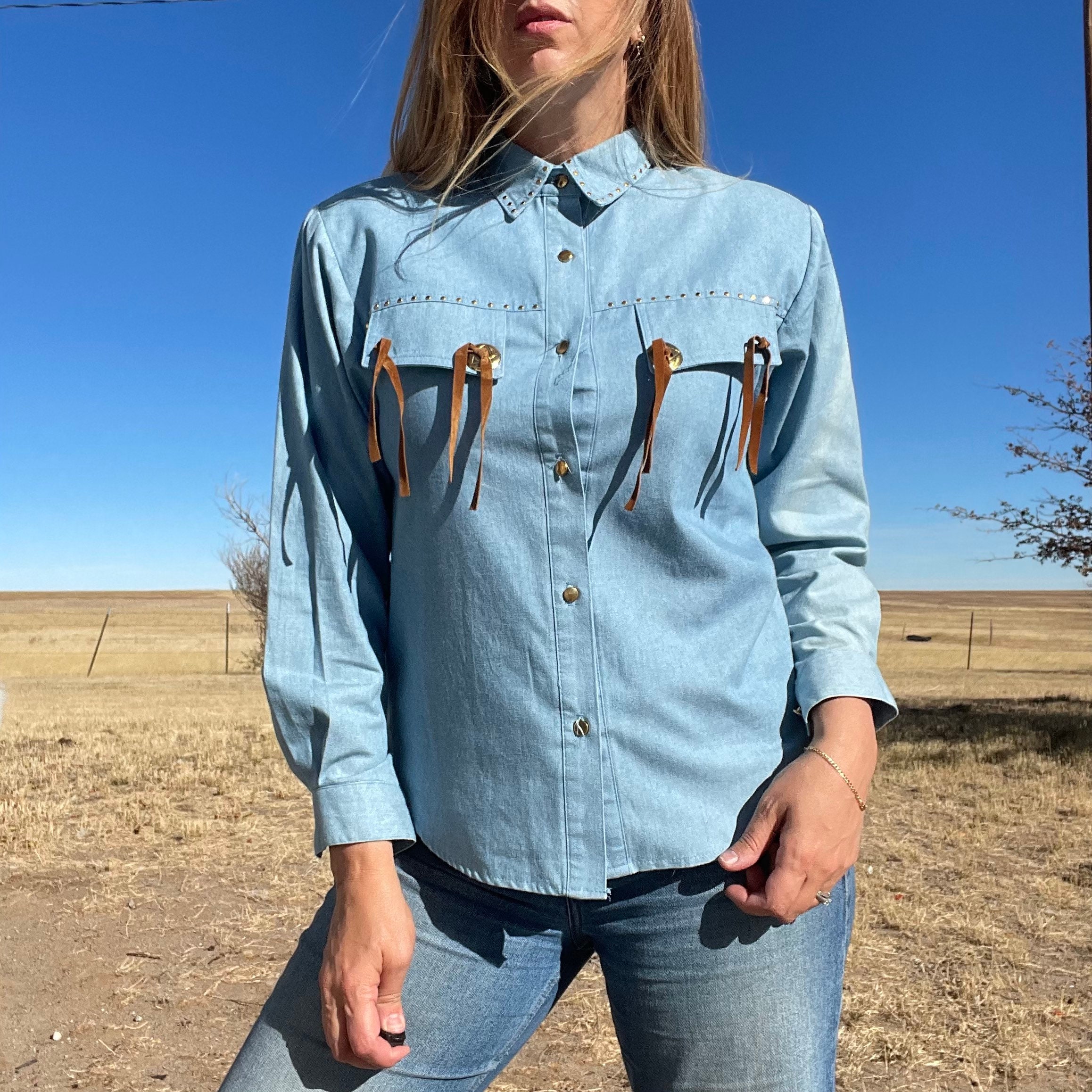 Vintage 80s Denim Western Shirt With Studs Concho & Tassel Detail - Etsy Vintage 80s Denim Western Shirt With Studs Concho & Tassel Detail - Etsy