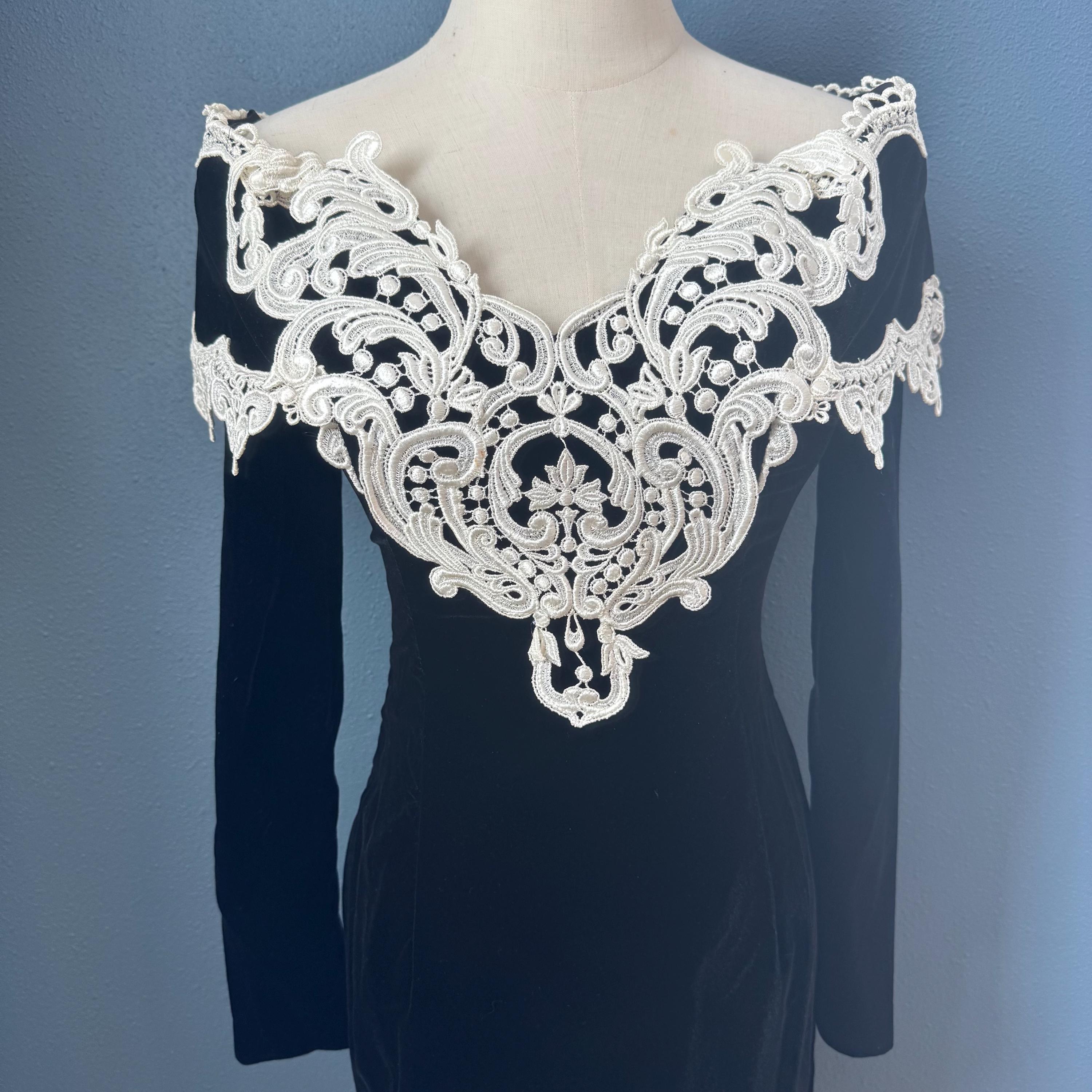 scott mcclintock black dress Vintage 80s Velvet and Crocheted Lace off the Shoulder Long Sleeve outwear