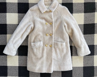Vintage Little BB Girls Faux Fur Ivory Coat with Gold Double Breasted Buttons