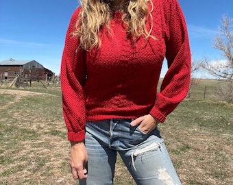 Vintage 70s Red Boatneck Puff Shoulder Cable Knit Sweater