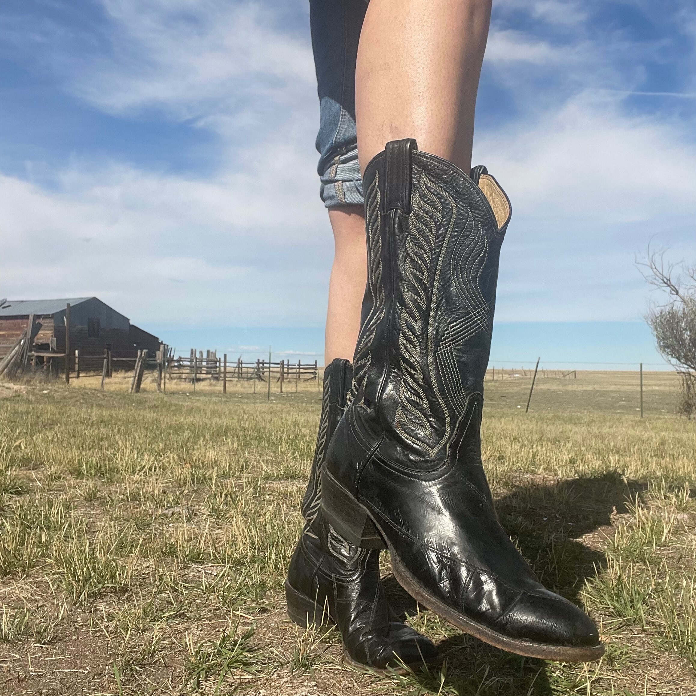 Vintage Tony Lama Black With White Flame Stitch Western Boots Mens