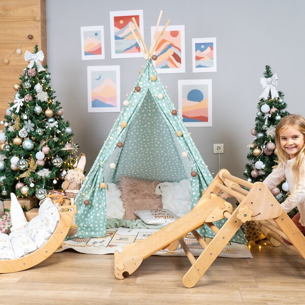 Klettergerüst für Kleinkinder, klein, 3er-Set + Kissen Vanilla, faltbares Dreieck, Turnhalle aus Holz, Öko-Spielzeug