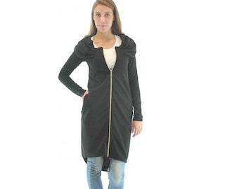 Lang zwart vest, damesvest, asymmetrisch vest, vest grote maten, oversized vest, maxi-vest, getailleerd vest